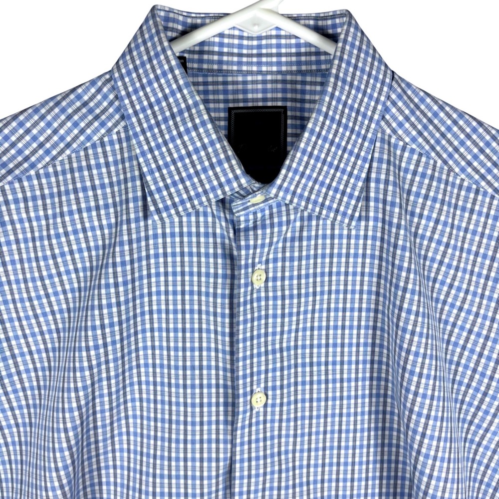 David Donahue Dress Shirt Mens 17 34/35 Blue Gingham Check Trim Fit Cotton